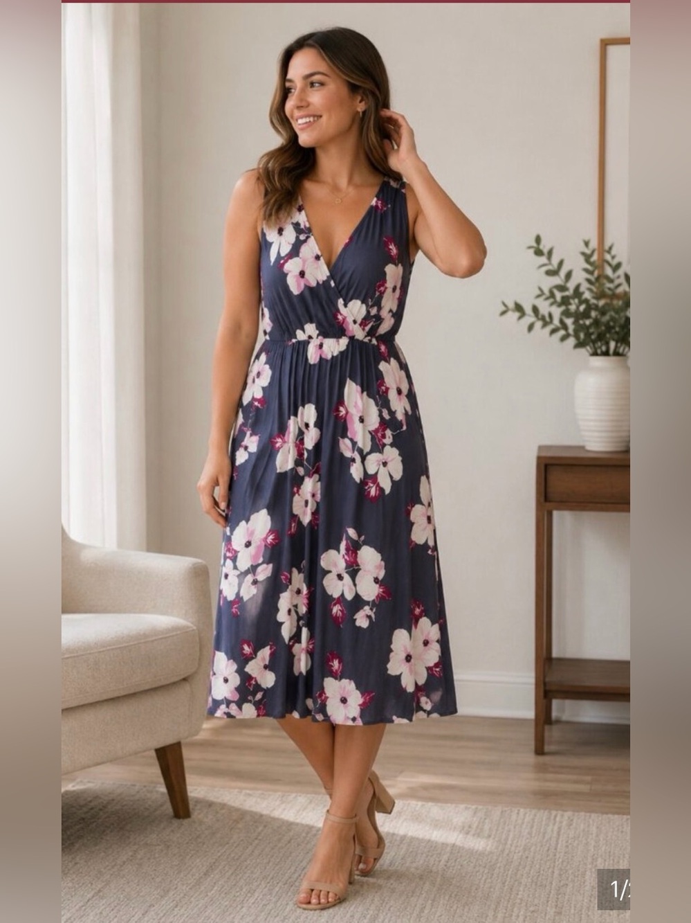 Leith Navy Floral Wrap Midi Dress